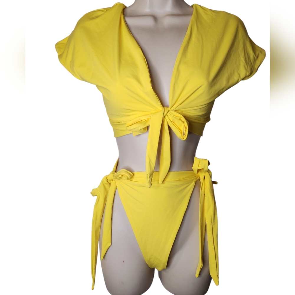 Four Three Seven Yellow Bikini Set Tie Front Top High Cut Bottoms M/L